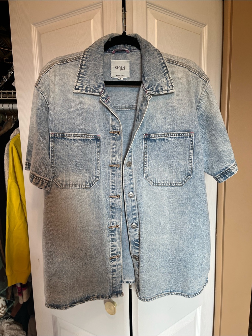 Kensie Light Blue Acid Wash Short-Sleeve Denim Shirt